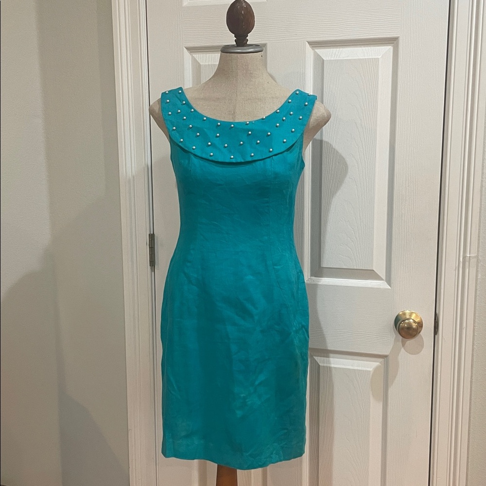 Vintage Rescala 100% Linen pearls dress back zipper lined knee length women’s 4